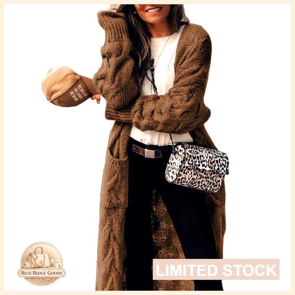 Long Cardigan Coat Cable Knit Open Front Loose Sweater with Pockets